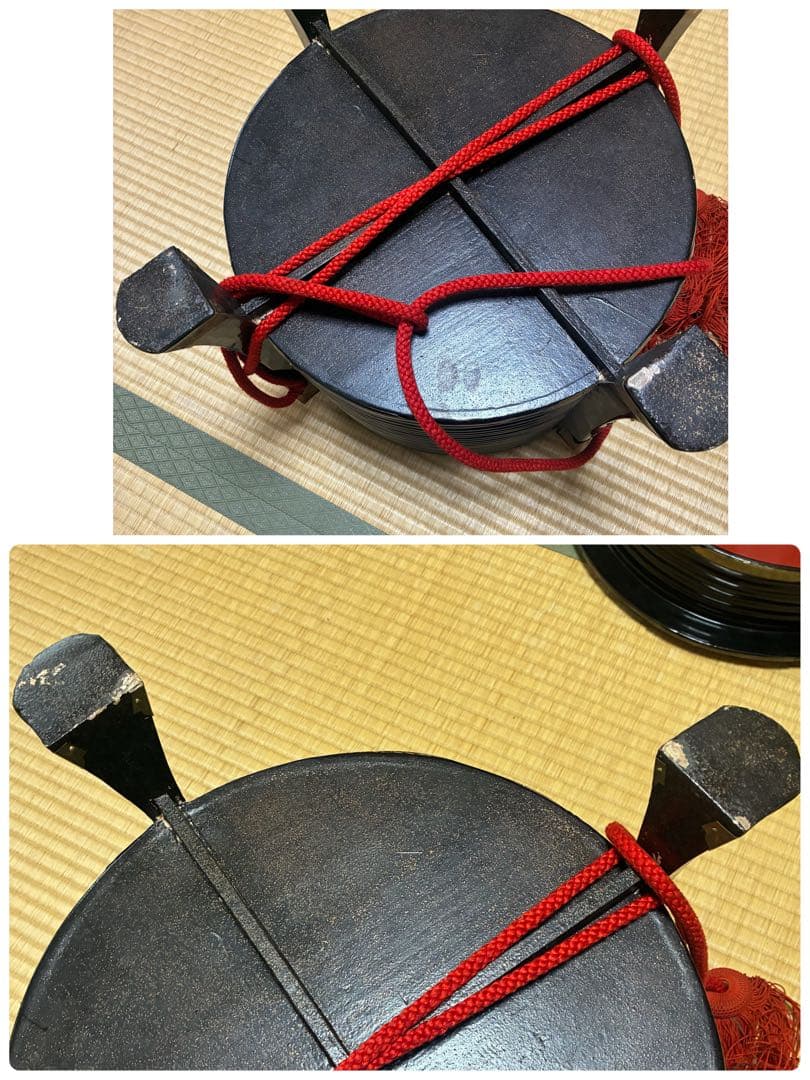 漆器　行器　外居　円筒型　4本脚　蓋付き　年代物アンティーク品　餅まき用　木箱付