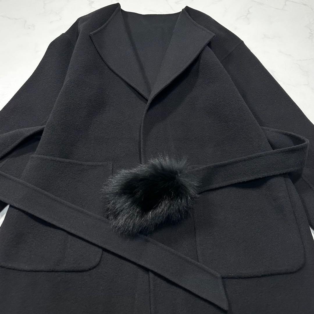 極美品◎ダイアグラム ノーカラーリバーコート ブルーフォックスファー 黒 36