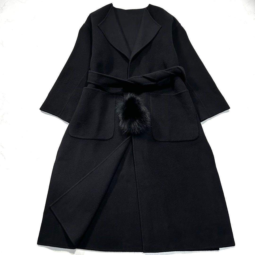 極美品◎ダイアグラム ノーカラーリバーコート ブルーフォックスファー 黒 36