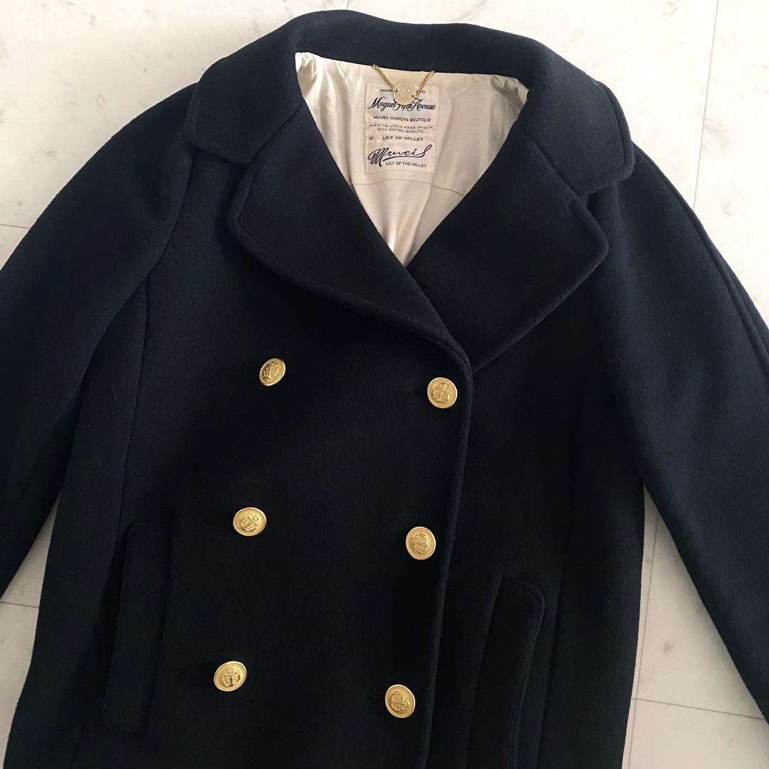 美品 ミュベール MUVEIL ゴールド釦 ダブルブレストウールコート 36