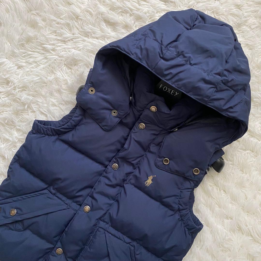 【2way】ポロラルフローレン　ダウンベスト　ポニー刺繍　フード　ネイビー