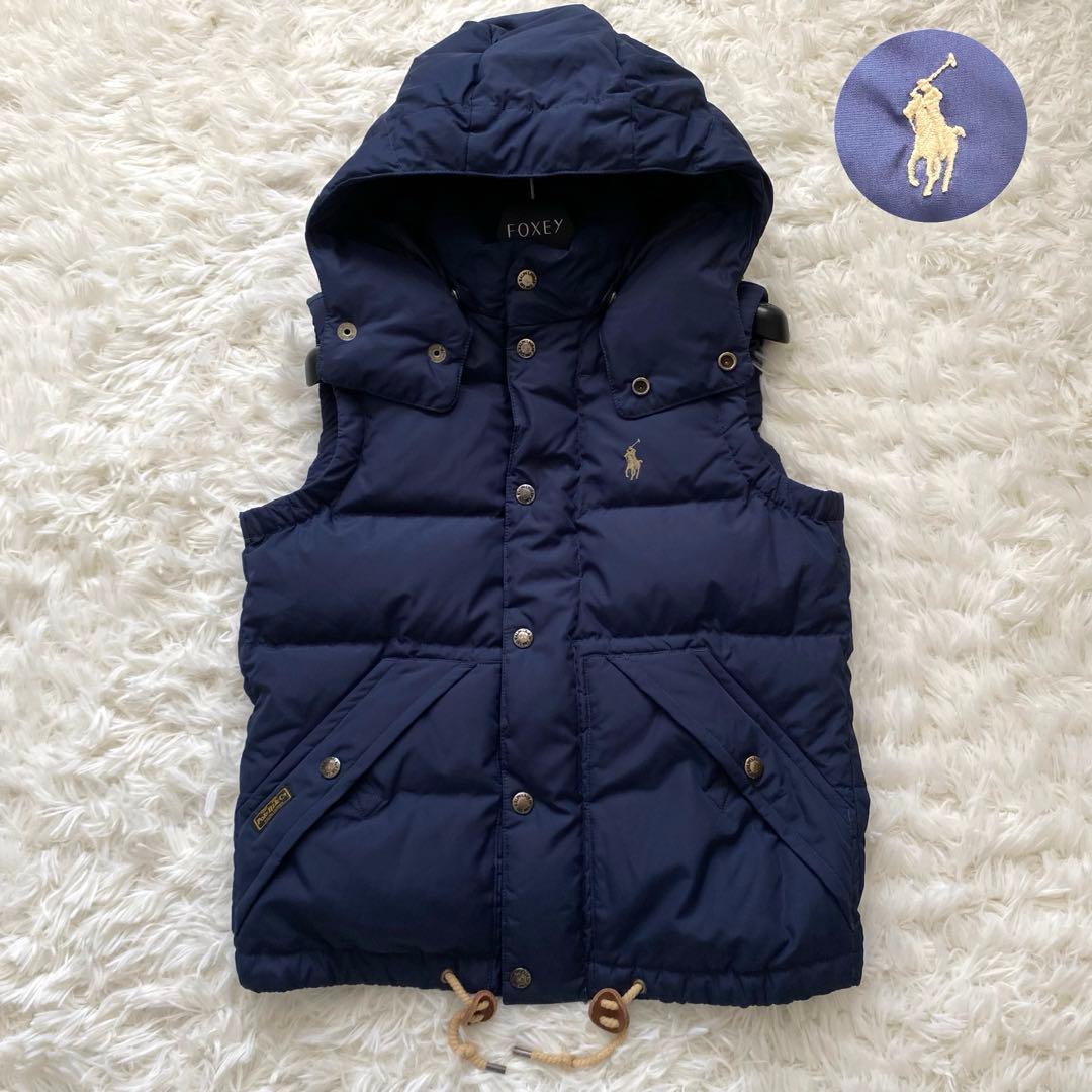 【2way】ポロラルフローレン　ダウンベスト　ポニー刺繍　フード　ネイビー