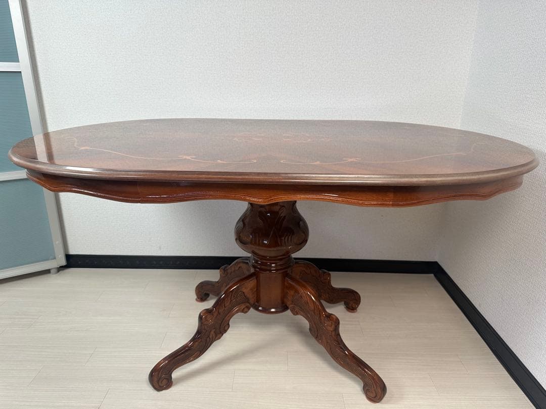 イタリア製 ダイニングテーブル 楕円 1象嵌 猫脚 鏡面 140cm ※i4※