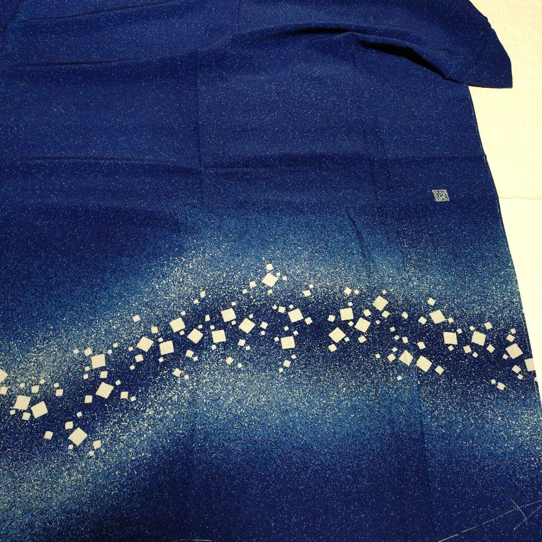 訪問着　藍色　落款　叩き染め　縮緬　正絹　しつけ糸付き　長尺　ふくよか　訳あり