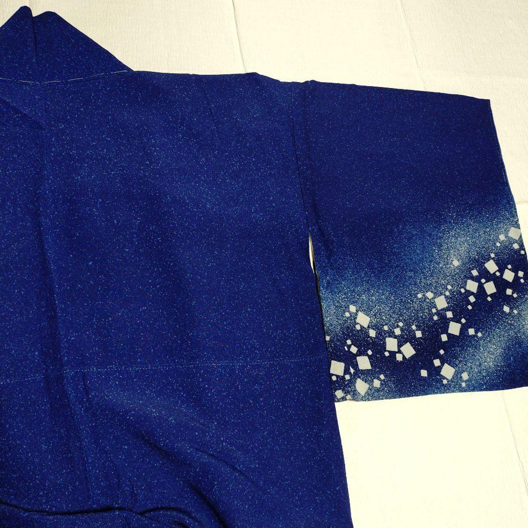 訪問着　藍色　落款　叩き染め　縮緬　正絹　しつけ糸付き　長尺　ふくよか　訳あり