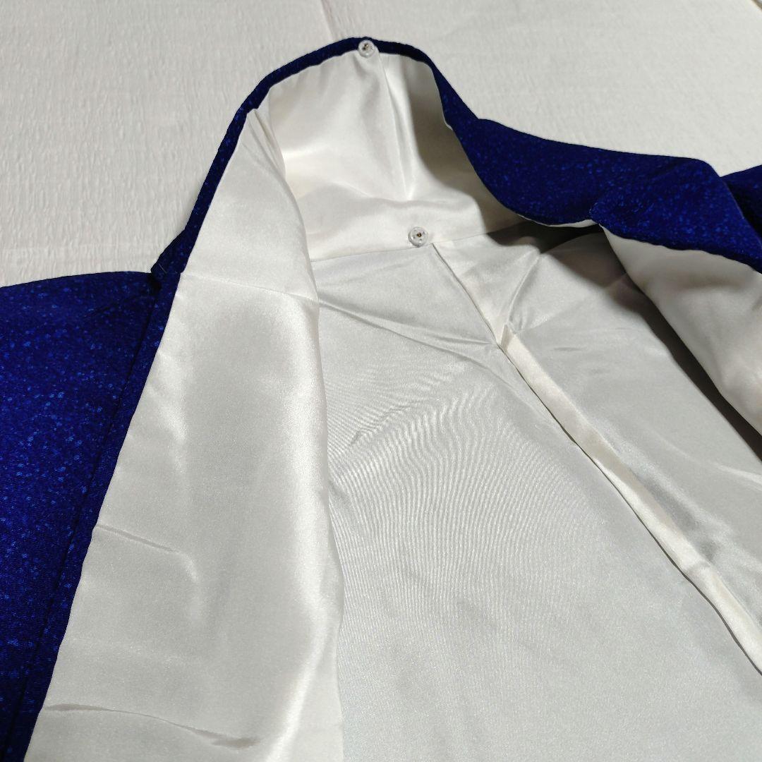 訪問着　藍色　落款　叩き染め　縮緬　正絹　しつけ糸付き　長尺　ふくよか　訳あり