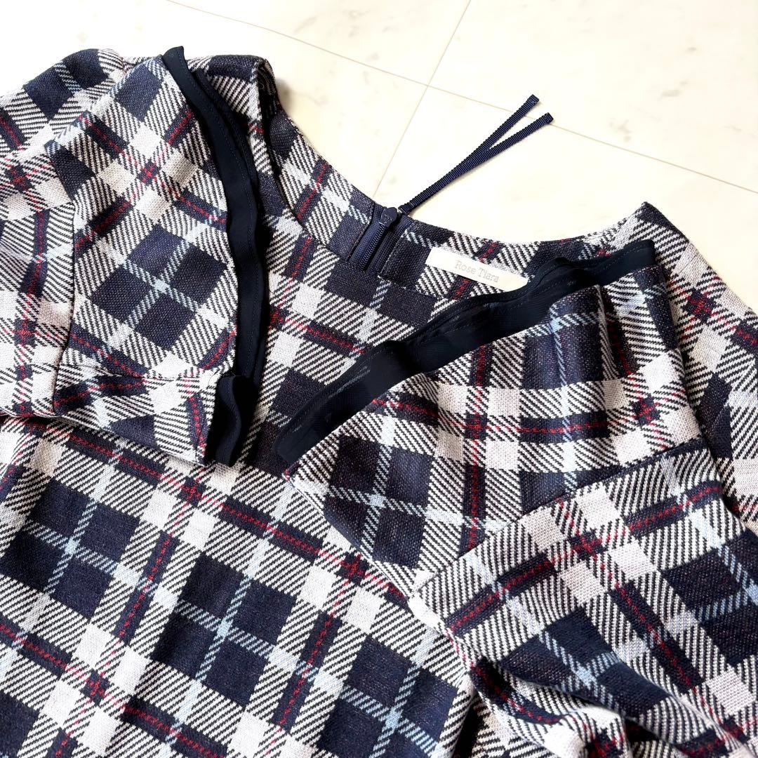 未使用級 ローズティアラ 大きいサイズ46 洗える 紺 チェックワンピース 4L
