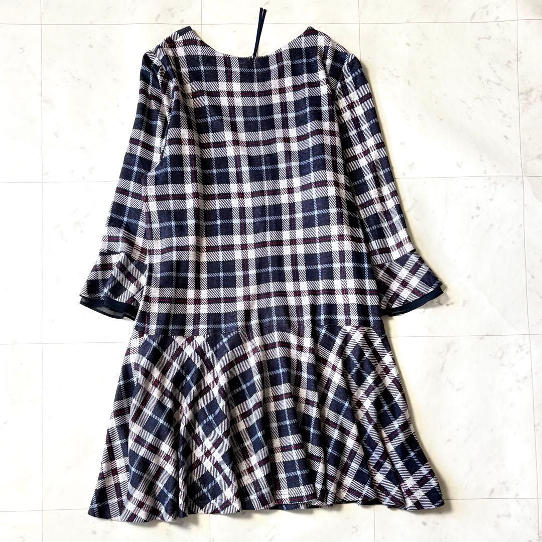 未使用級 ローズティアラ 大きいサイズ46 洗える 紺 チェックワンピース 4L