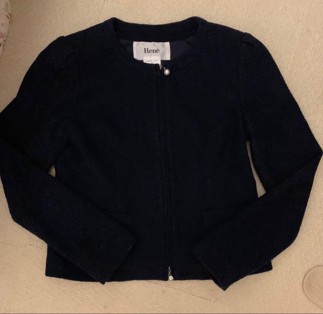 値下げ　リネ　ノーカラージャケット　ネイビー　38