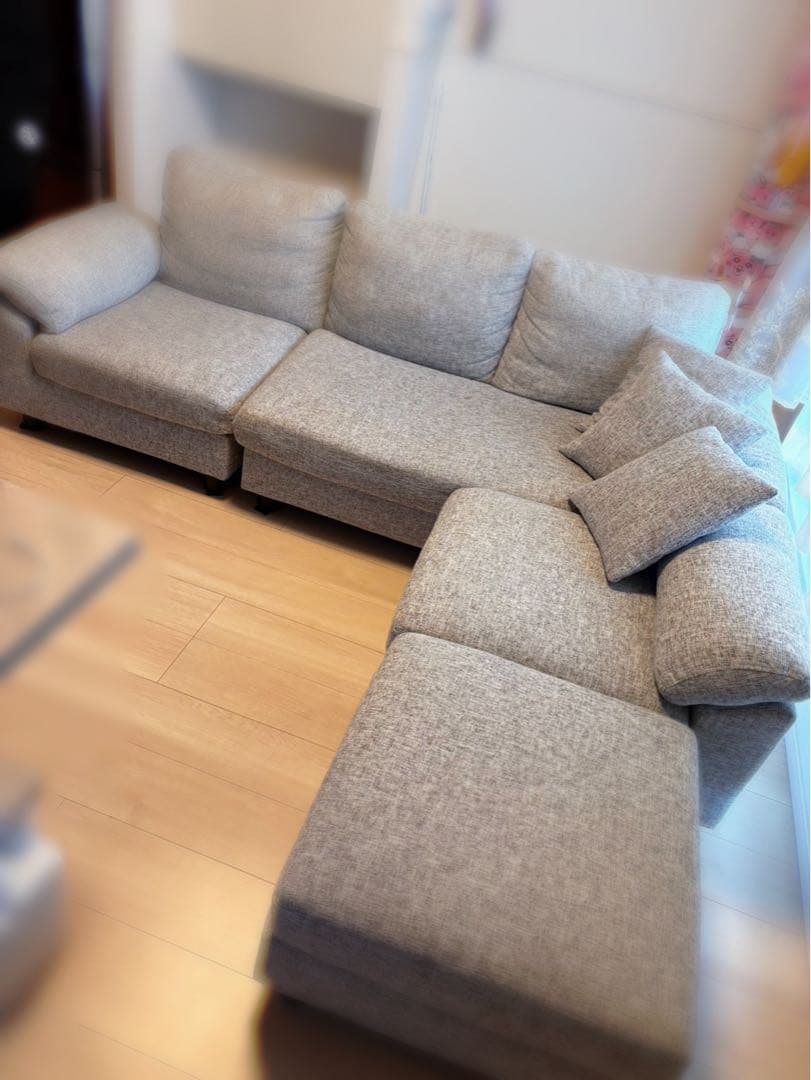 【直接受け渡し限定】タンスのゲン グレー L字型ファブリックソファ