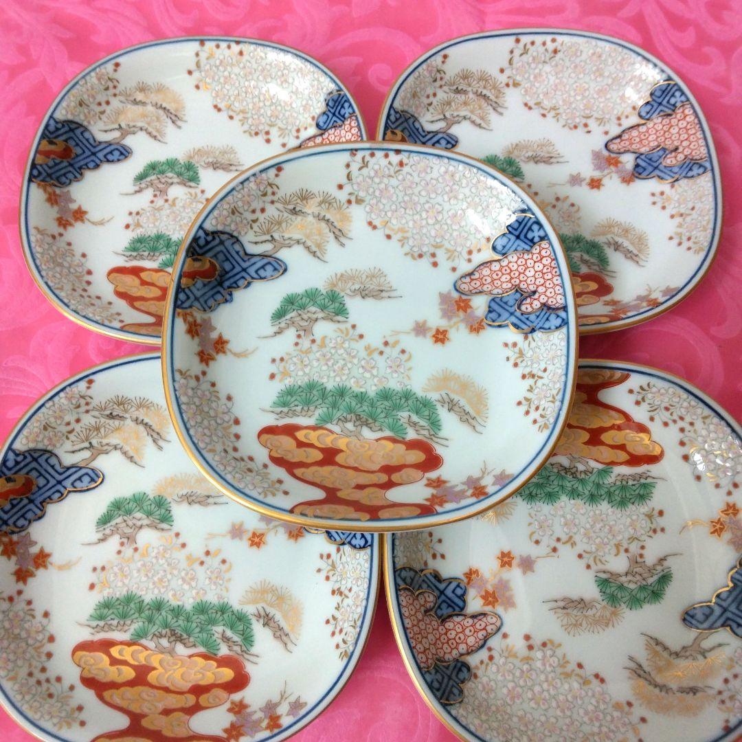 有田焼　賞美堂　其泉窯　春秋文　　皿揃　５枚セット　染錦　古伊万里　金彩　銘々皿
