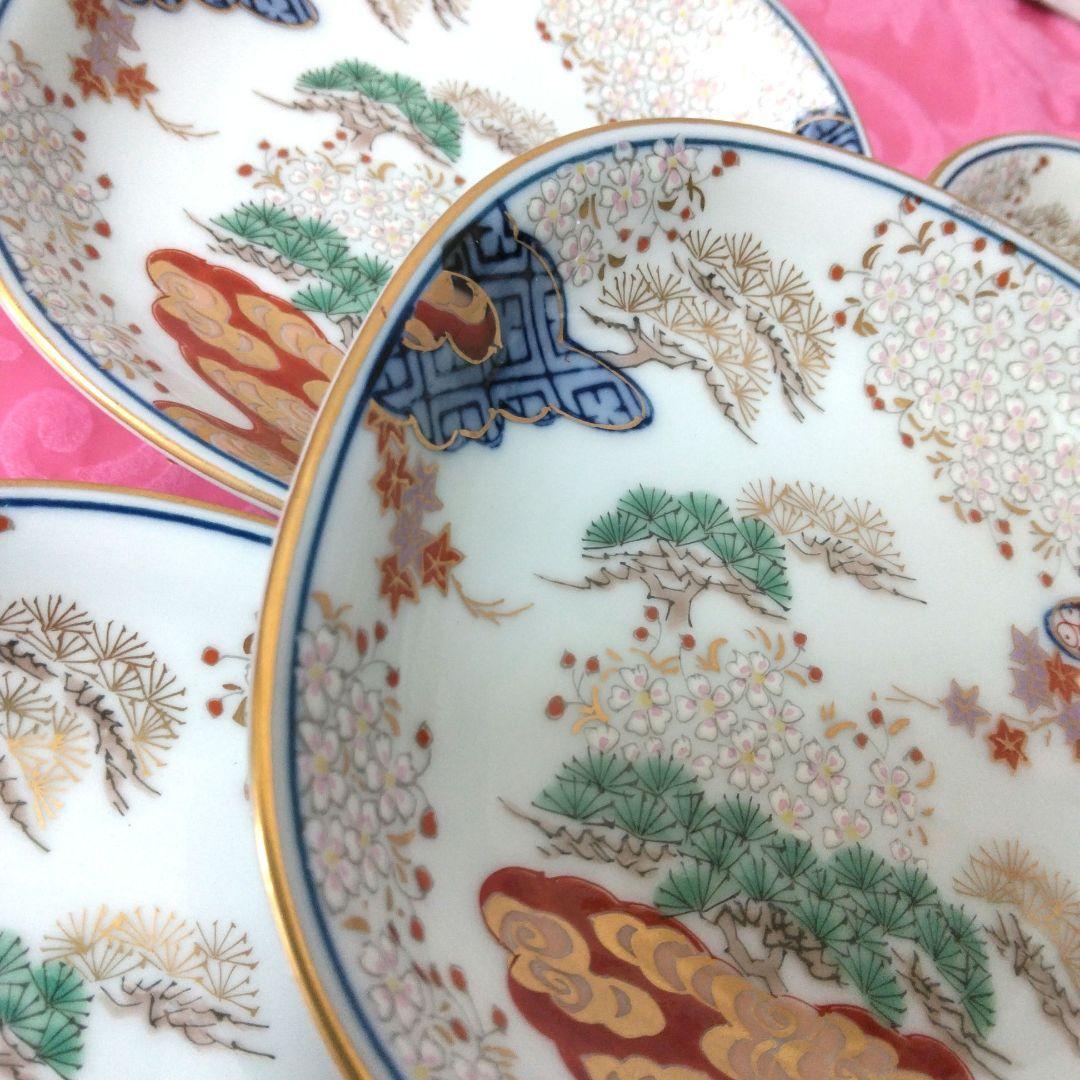 有田焼　賞美堂　其泉窯　春秋文　　皿揃　５枚セット　染錦　古伊万里　金彩　銘々皿
