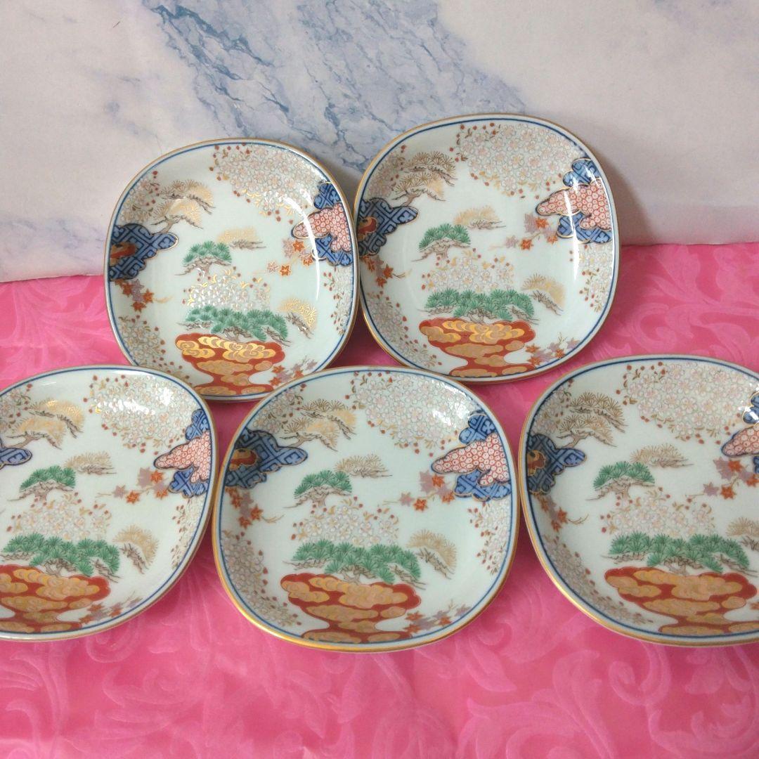 有田焼　賞美堂　其泉窯　春秋文　　皿揃　５枚セット　染錦　古伊万里　金彩　銘々皿