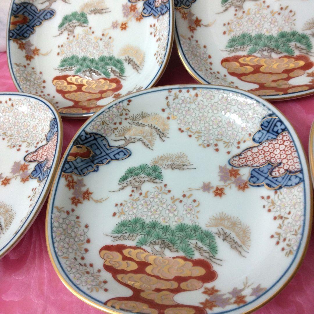 有田焼　賞美堂　其泉窯　春秋文　　皿揃　５枚セット　染錦　古伊万里　金彩　銘々皿