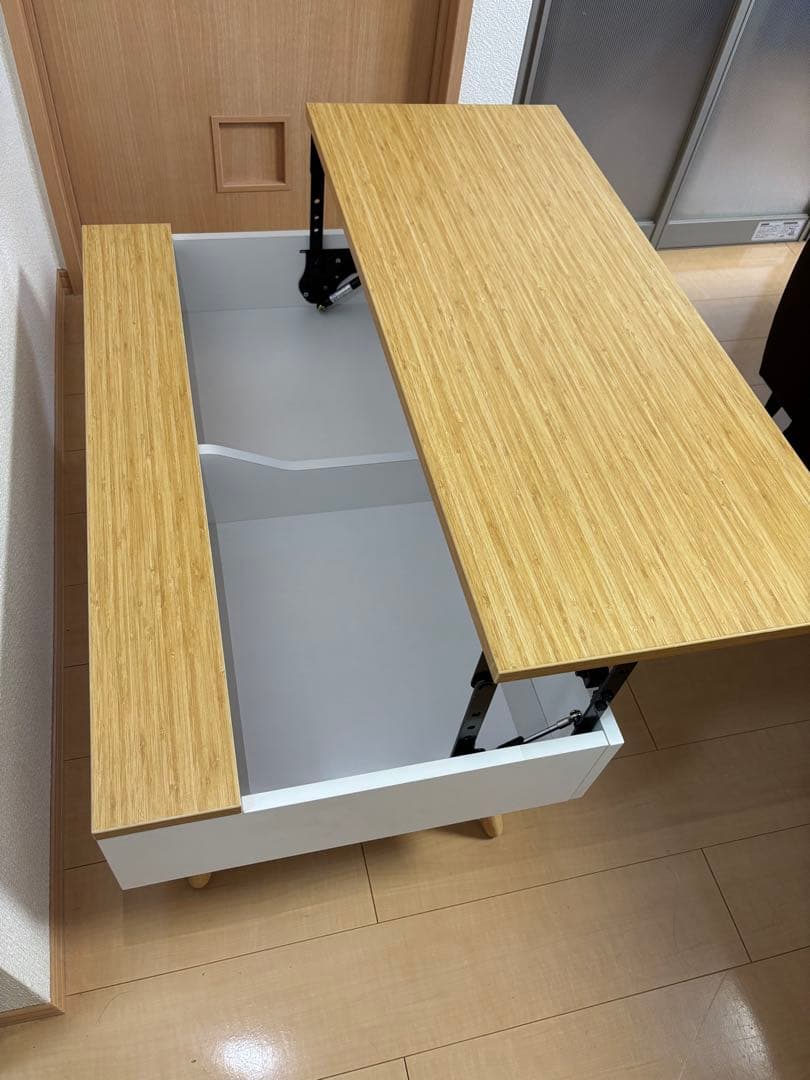 昇降式テーブル コンパクト 収納付き木目調センターテーブル