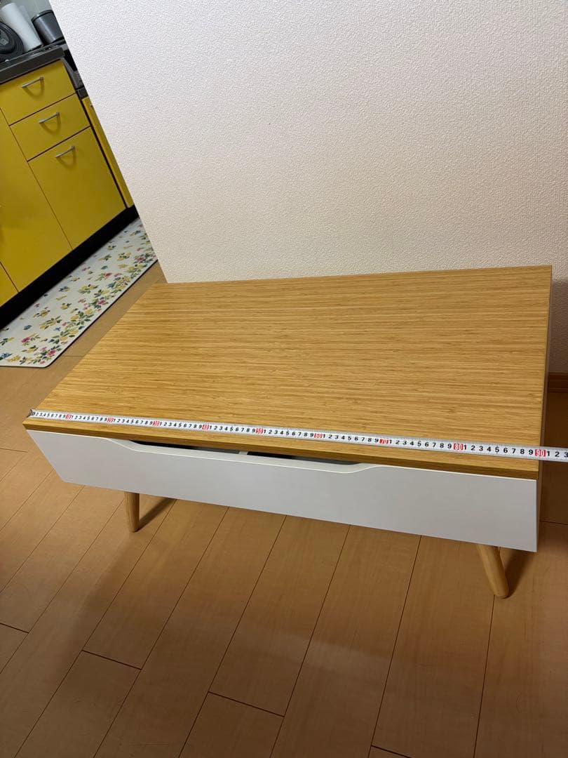 昇降式テーブル コンパクト 収納付き木目調センターテーブル