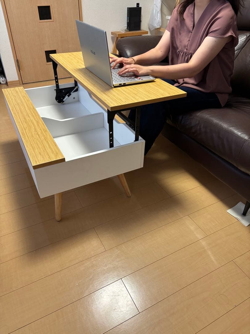 昇降式テーブル コンパクト 収納付き木目調センターテーブル