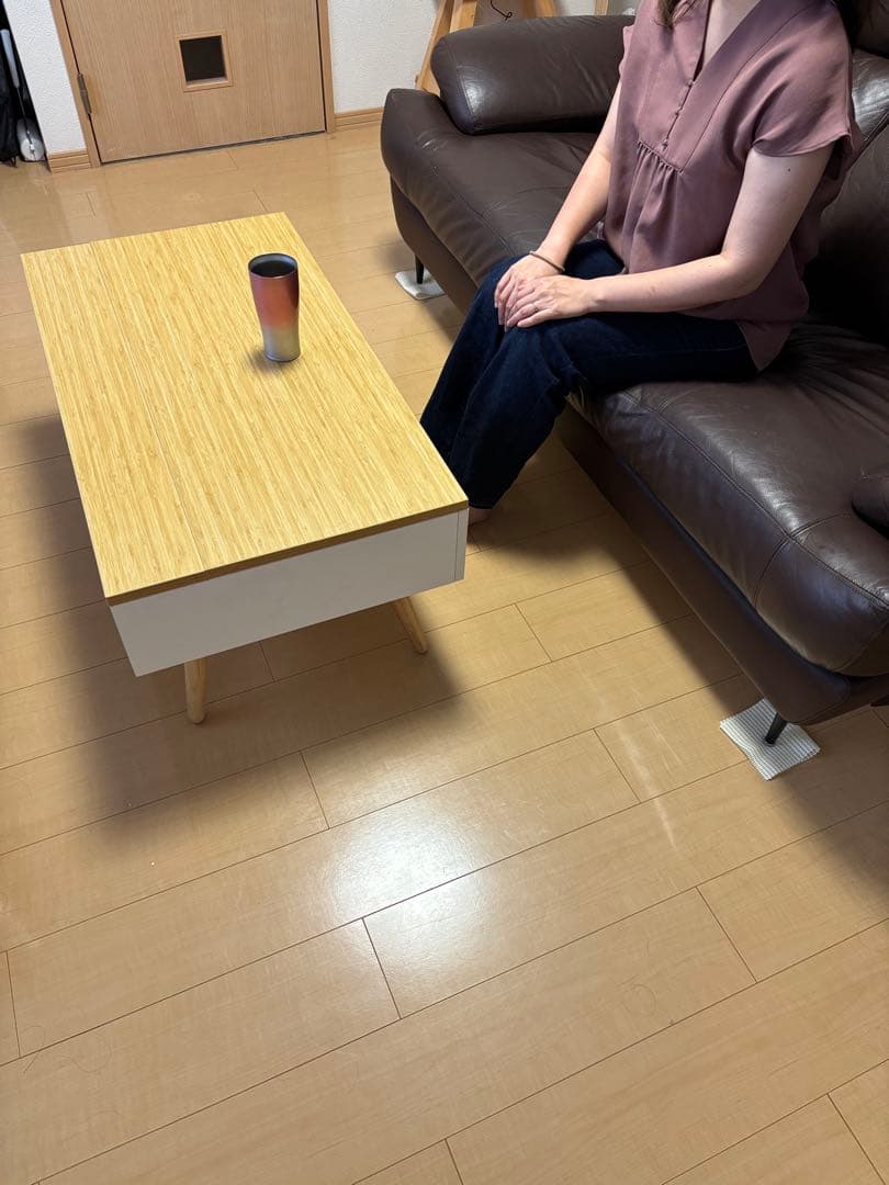 昇降式テーブル コンパクト 収納付き木目調センターテーブル