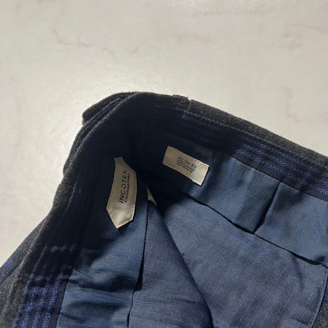 美品 インコテックス ウールスラックス パンツ チェック 48 L グレー系