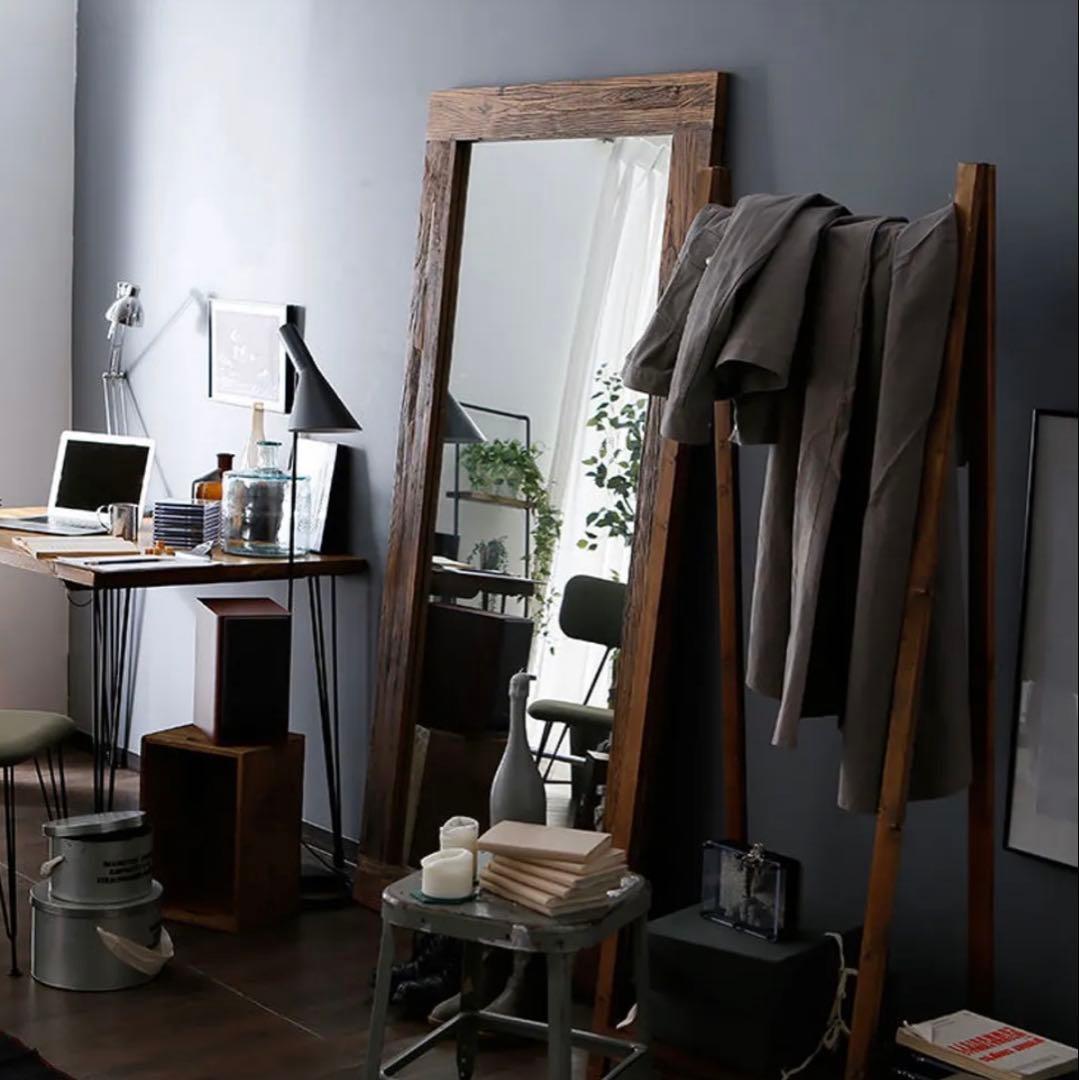 【LOWYA】[幅90] ヴィンテージ調 スタンドミラー 古材 オールドエルム