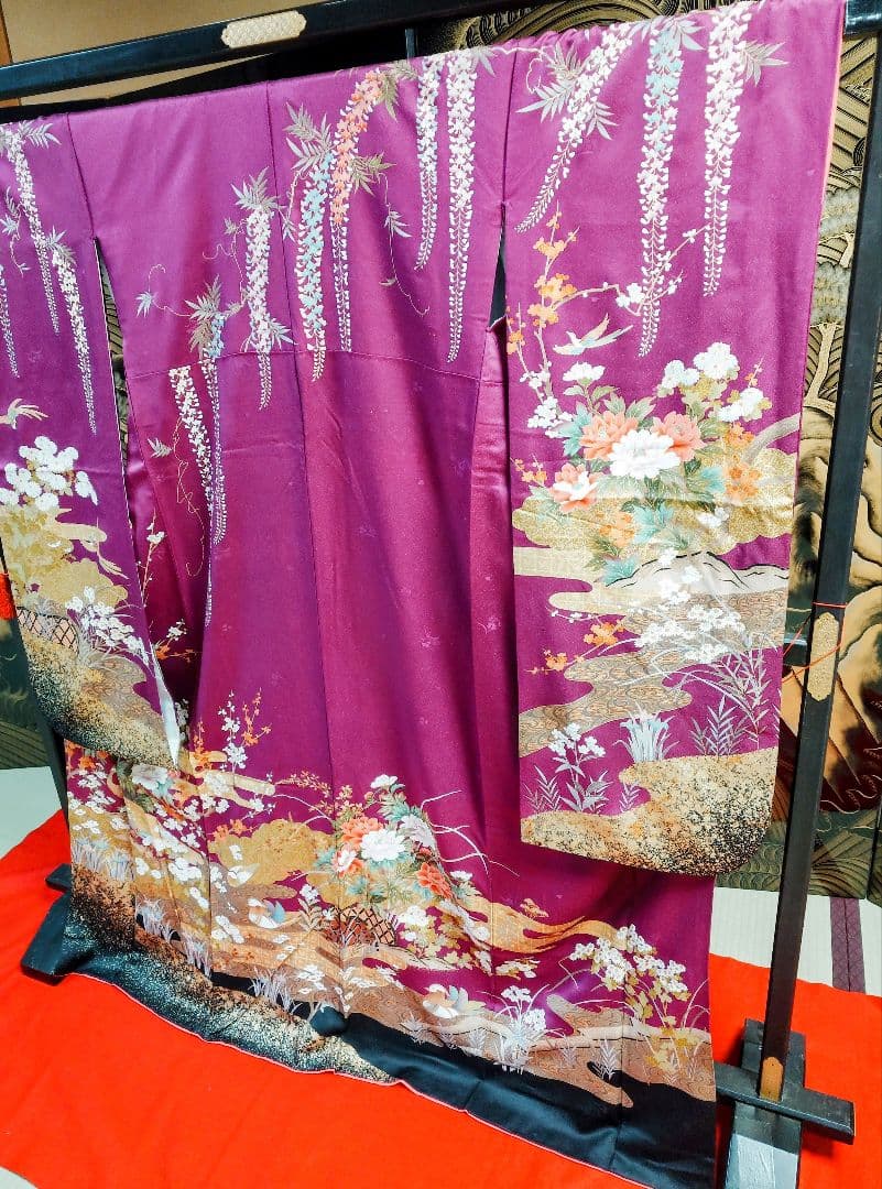 紫色 花柄 振袖 着物