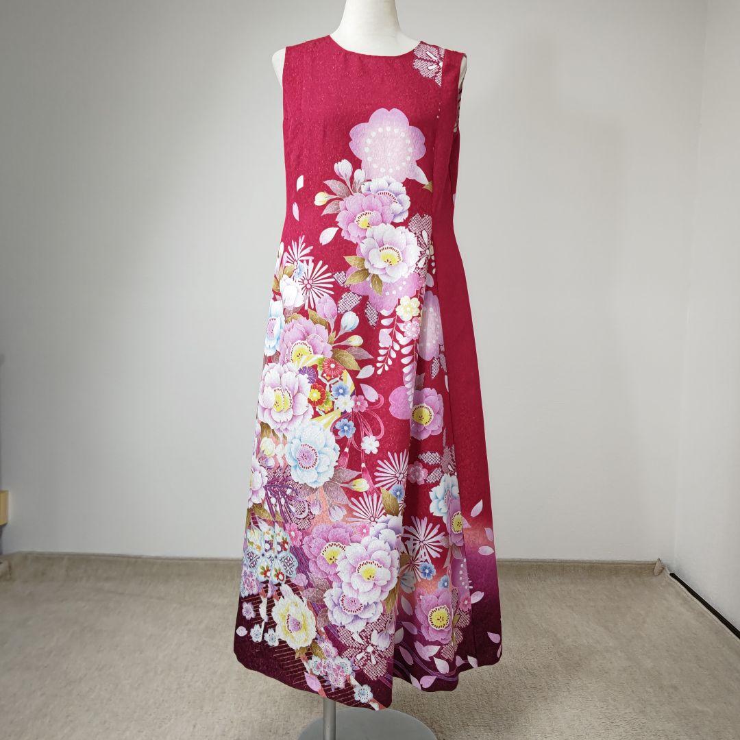 zunezune 振袖ドレス ノースリーブ 着物リメイクワンピース 赤