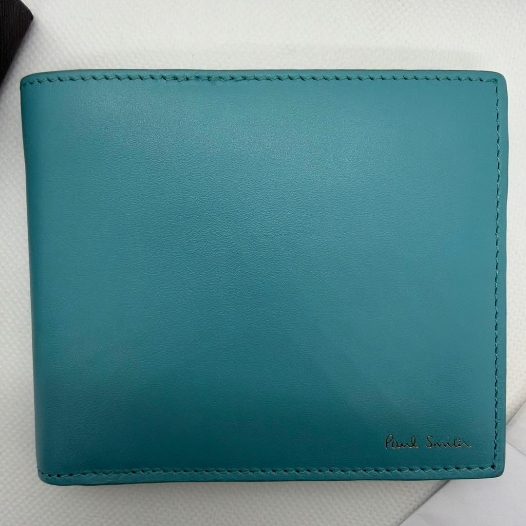 【美品】PaulSmith ポールスミス レザー二つ折り財布 ターコイズ　箱付き