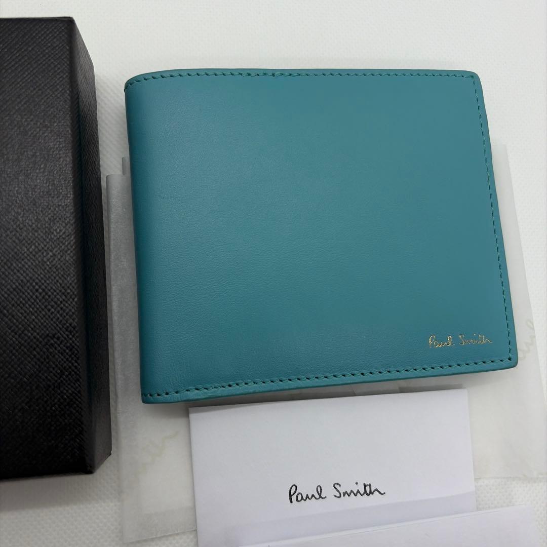 【美品】PaulSmith ポールスミス レザー二つ折り財布 ターコイズ　箱付き