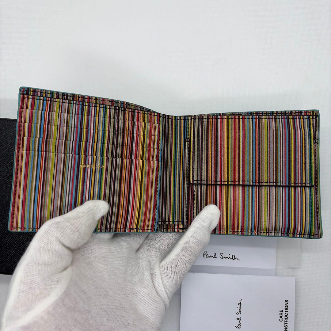 【美品】PaulSmith ポールスミス レザー二つ折り財布 ターコイズ　箱付き
