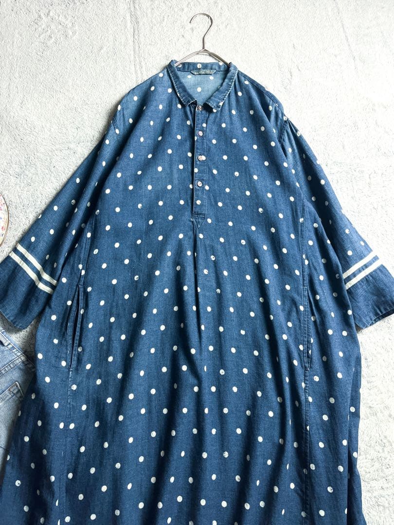 【45R】umii908 コットン100% ドット柄 スキッパーシャツワンピース