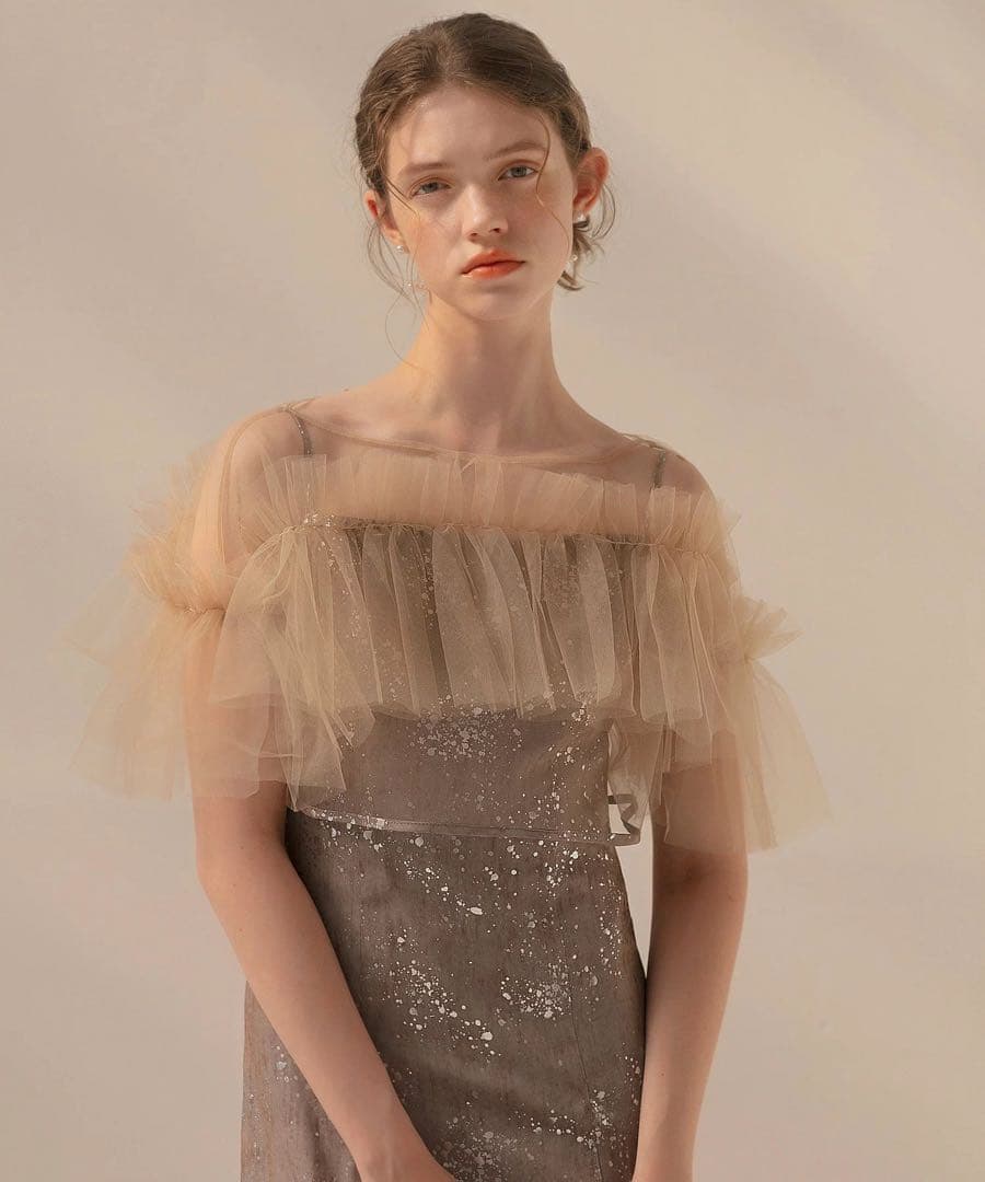 LEJA チュールフリルボレロペイントマーメイドワンピースドレス/グレー/S