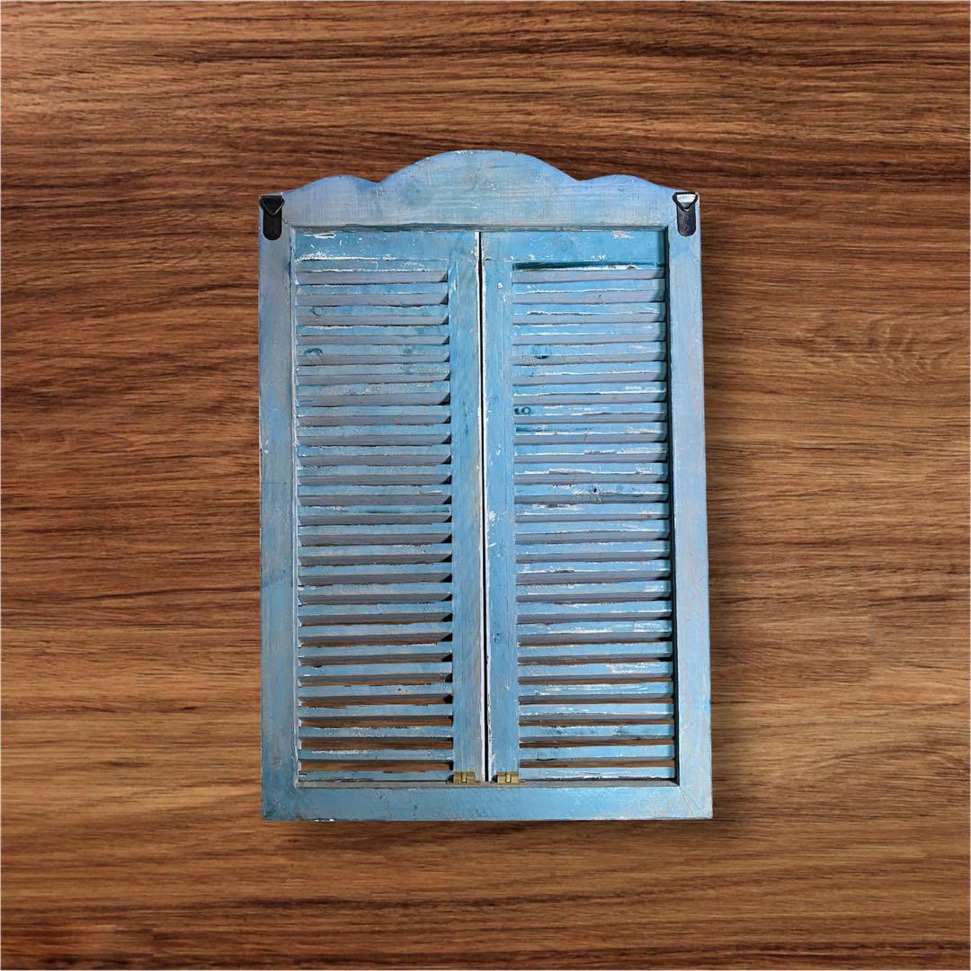 飾り窓 木製 開閉 インテリア小物 グレーブルー