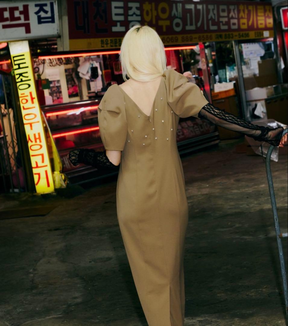 ANDRESD レースアームドレープドレス