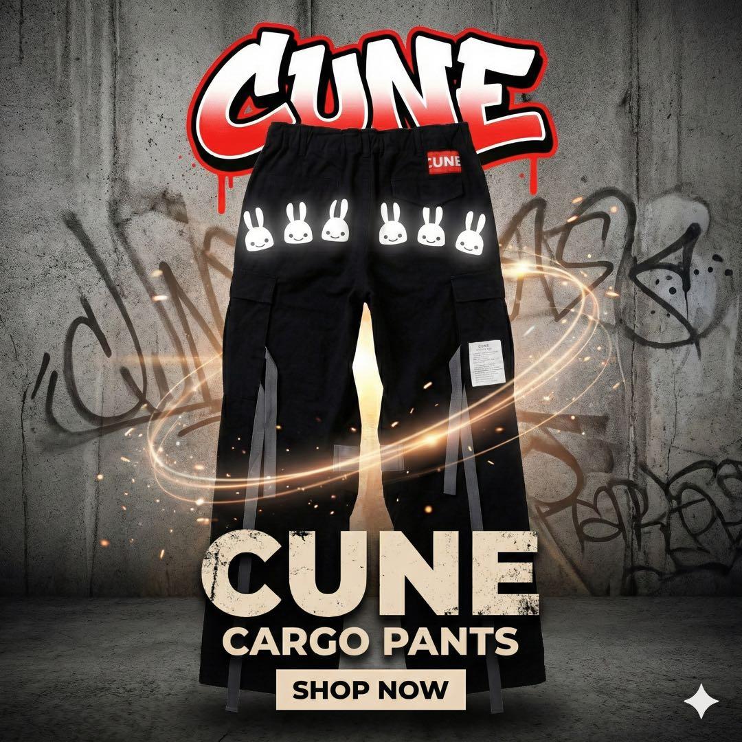CUNE キューン　カーゴパンツ　ブラック　うさぎ　6連　Rミリタリー風　古着