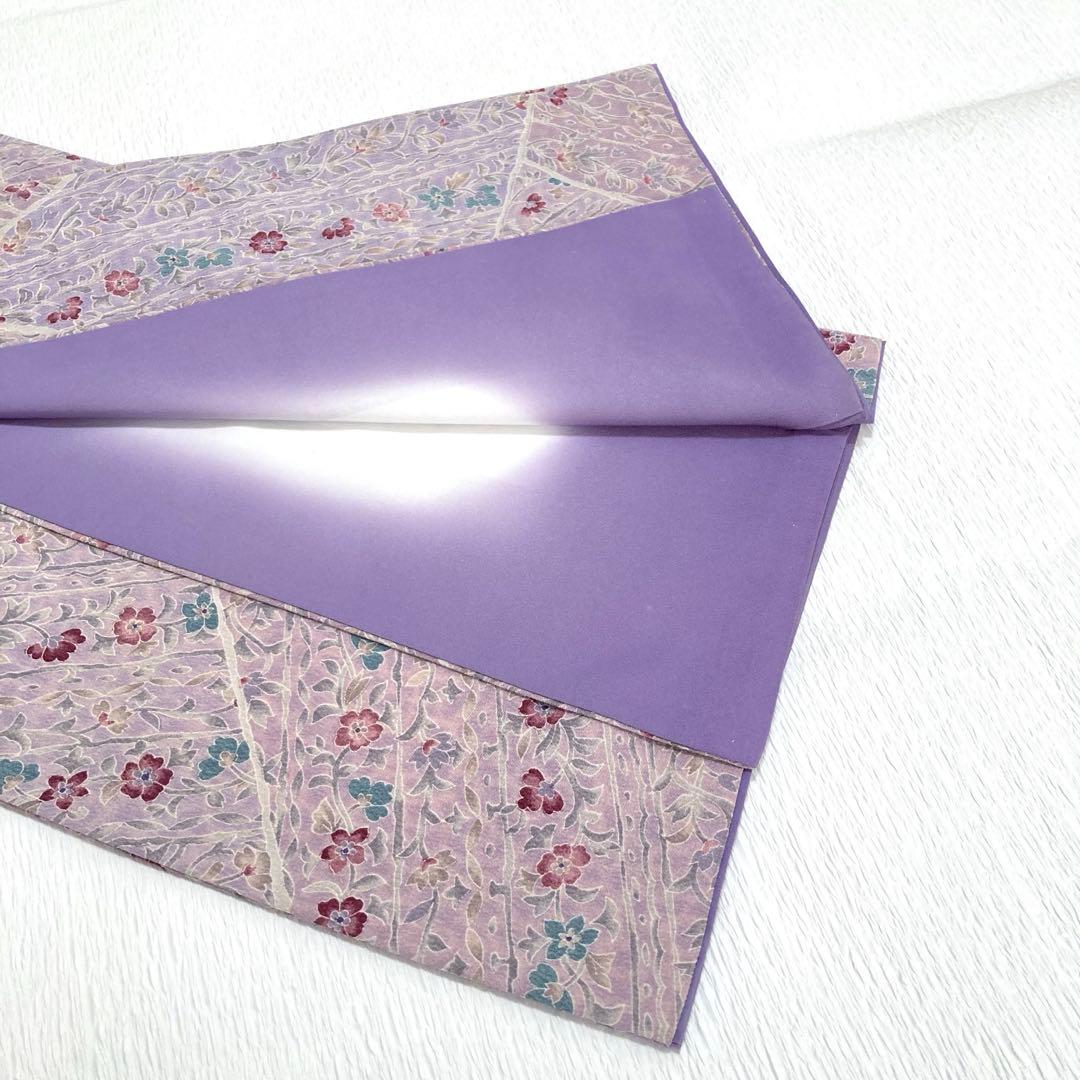 【良品✨】東レシルック　洗える着物　小紋　蔓草文様　くすみの藤色・紅藤系　D4