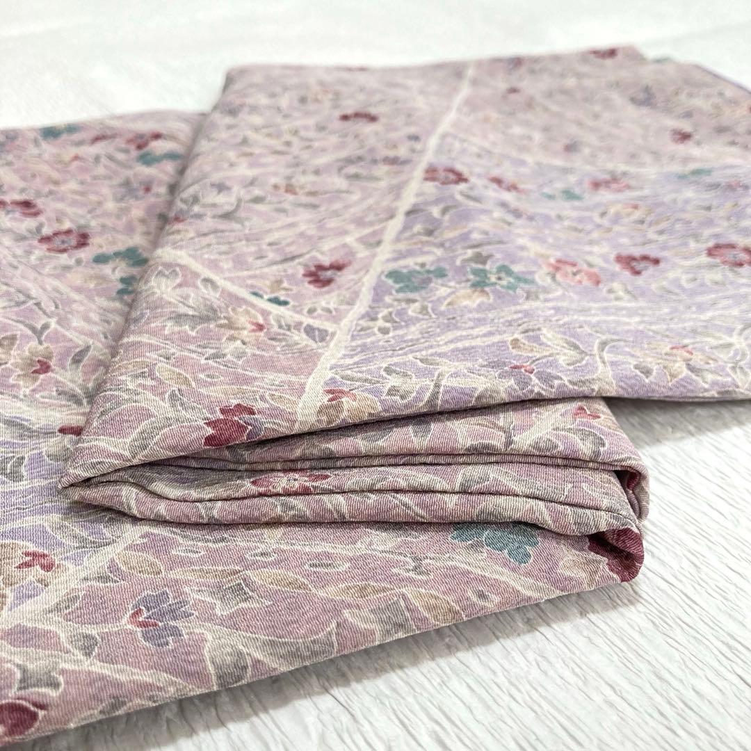 【良品✨】東レシルック　洗える着物　小紋　蔓草文様　くすみの藤色・紅藤系　D4