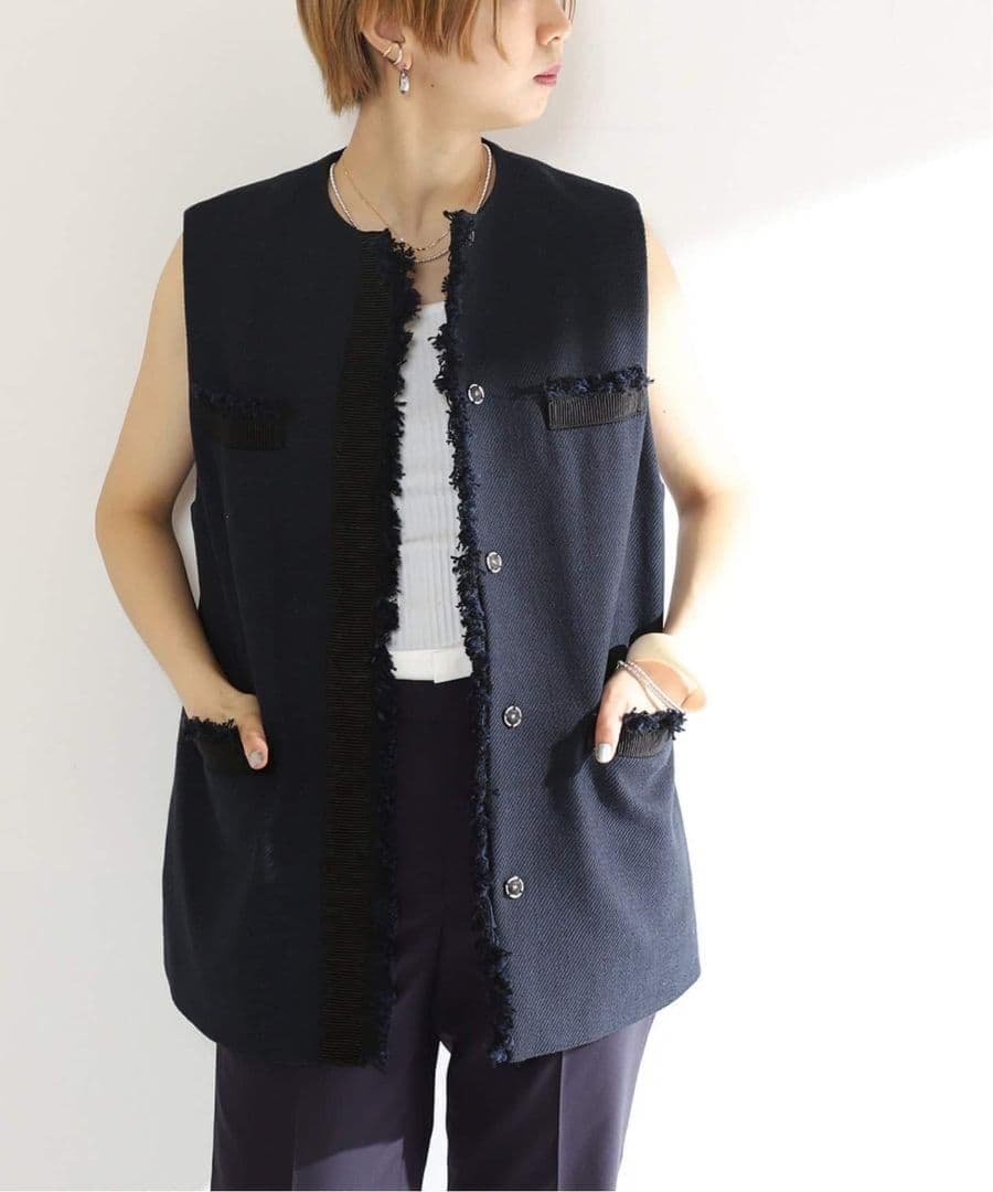 ヴェルメイユパーイエナ ベスト ジレ ツイード 2023 フリンジ