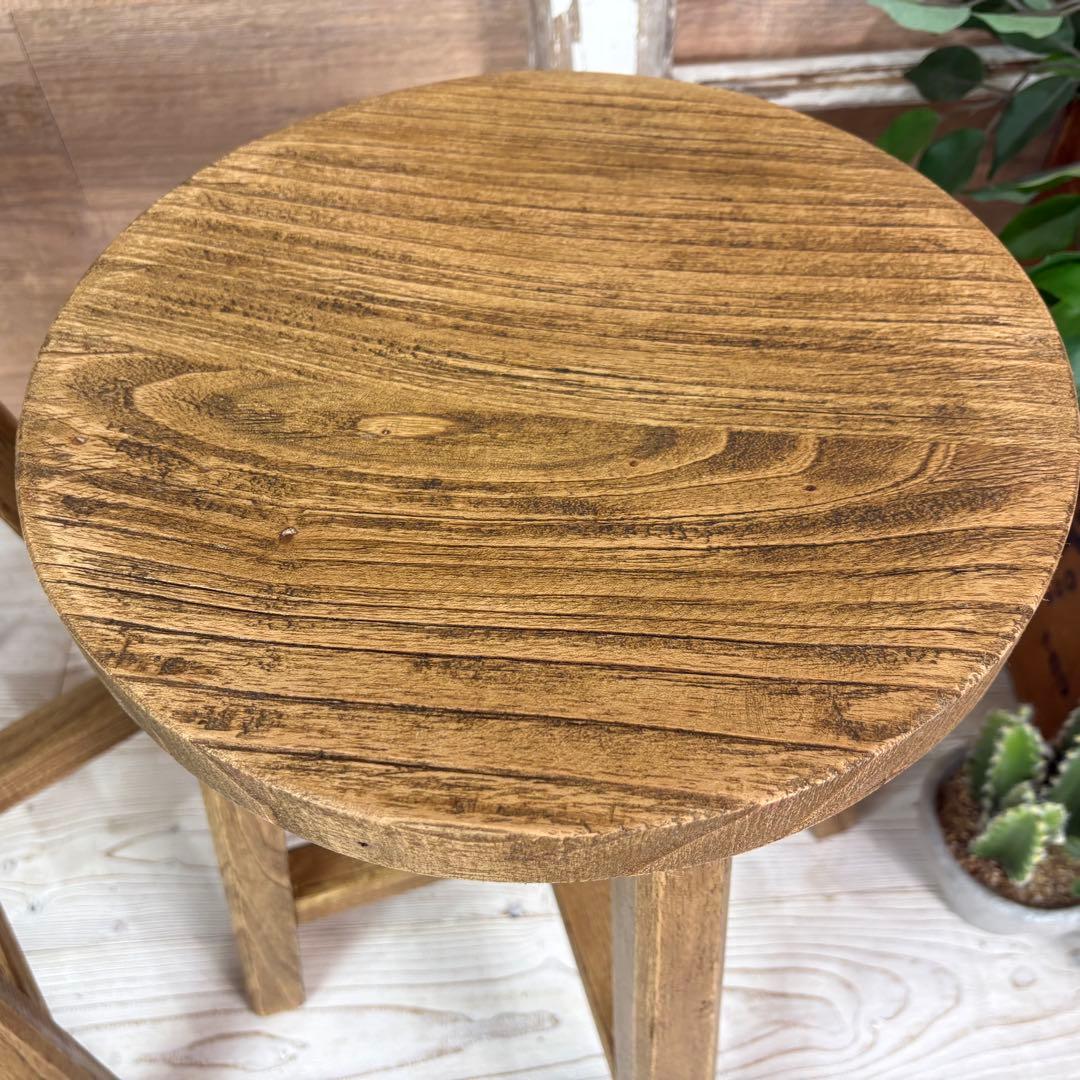 アジアンエスニックミンディ材木製天然木無垢材丸スツール二脚セット椅子花台イス