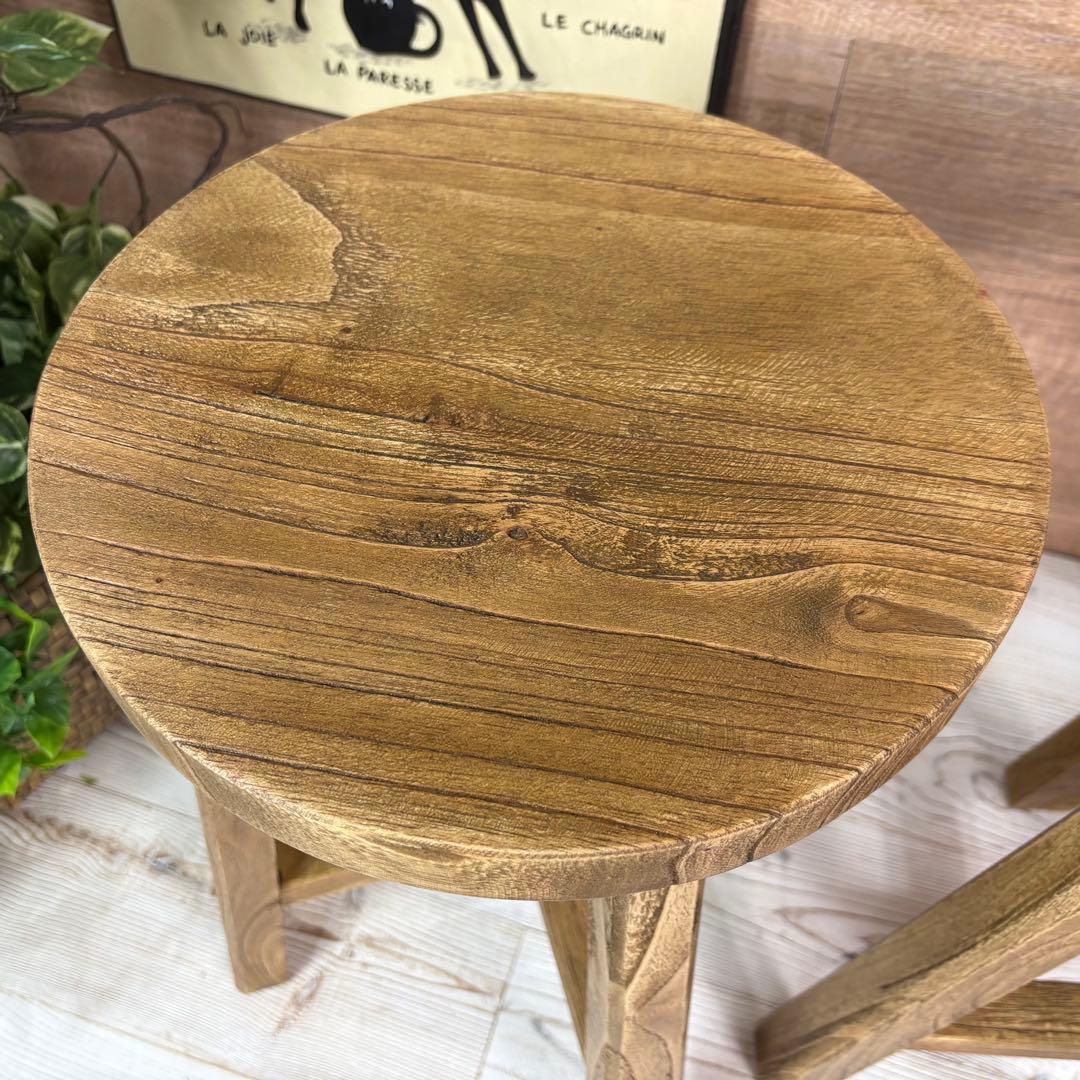 アジアンエスニックミンディ材木製天然木無垢材丸スツール二脚セット椅子花台イス