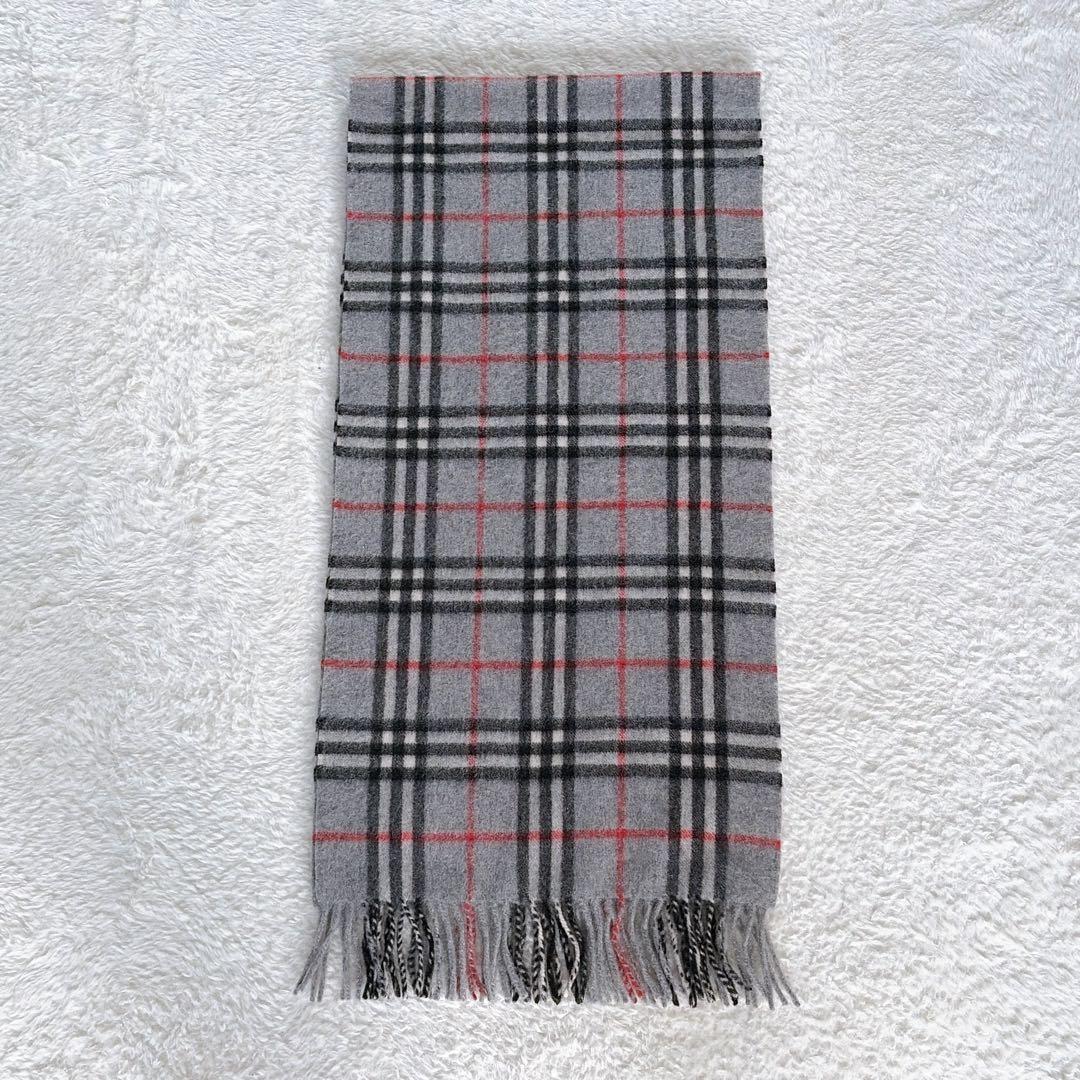 極美品✨【バーバリーロンドン】カシミヤ100%ロングマフラー グレーノバチェック