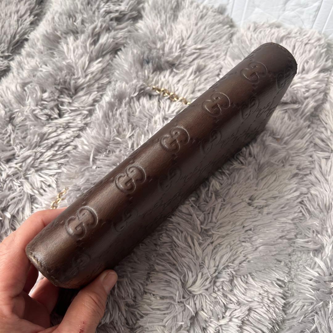 美品✨GUCCI チェーン　ウォレット　長財布　シマ　ロゴプレート　ブロンズ