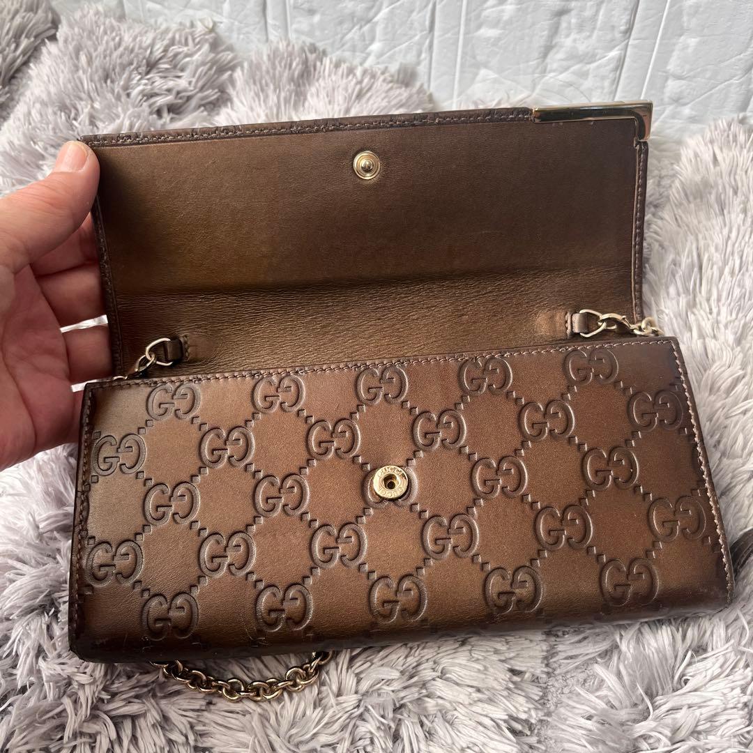 美品✨GUCCI チェーン　ウォレット　長財布　シマ　ロゴプレート　ブロンズ