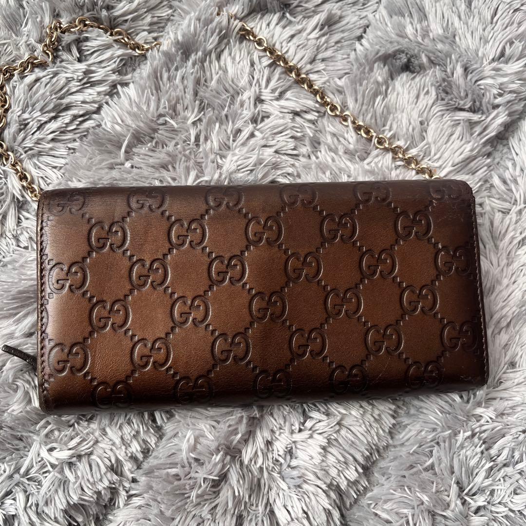 美品✨GUCCI チェーン　ウォレット　長財布　シマ　ロゴプレート　ブロンズ