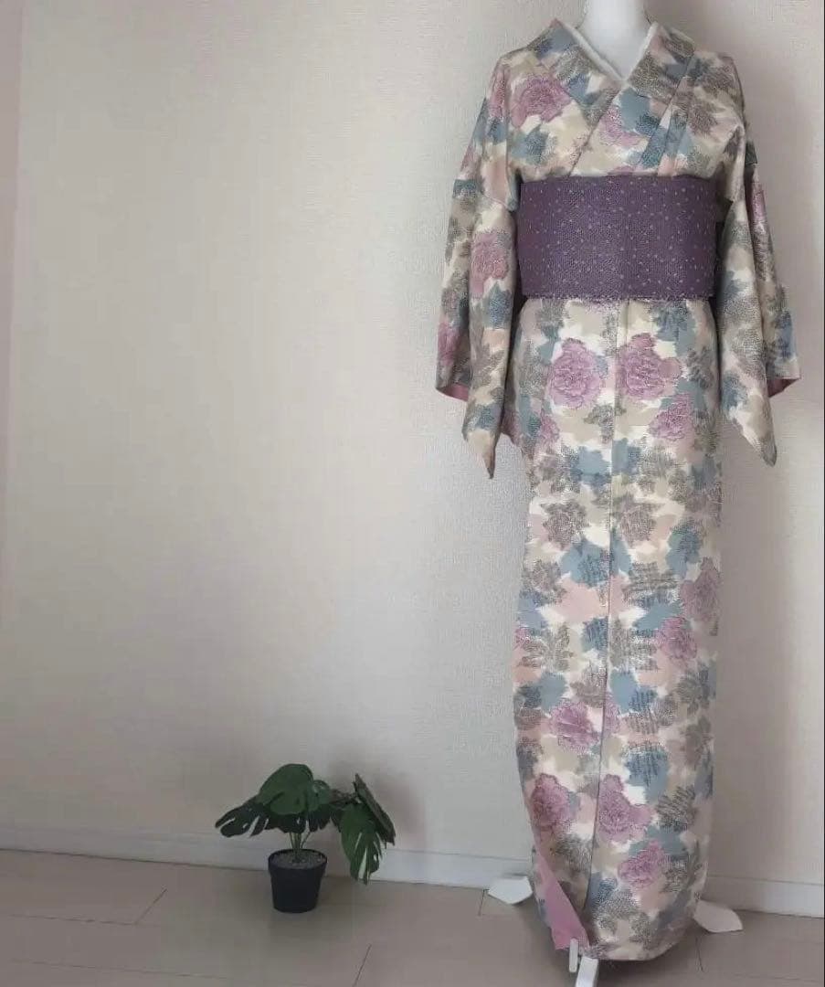 【三花】未使用品　十日町紬　袷　正絹　美品　アンティーク　着物　リユース