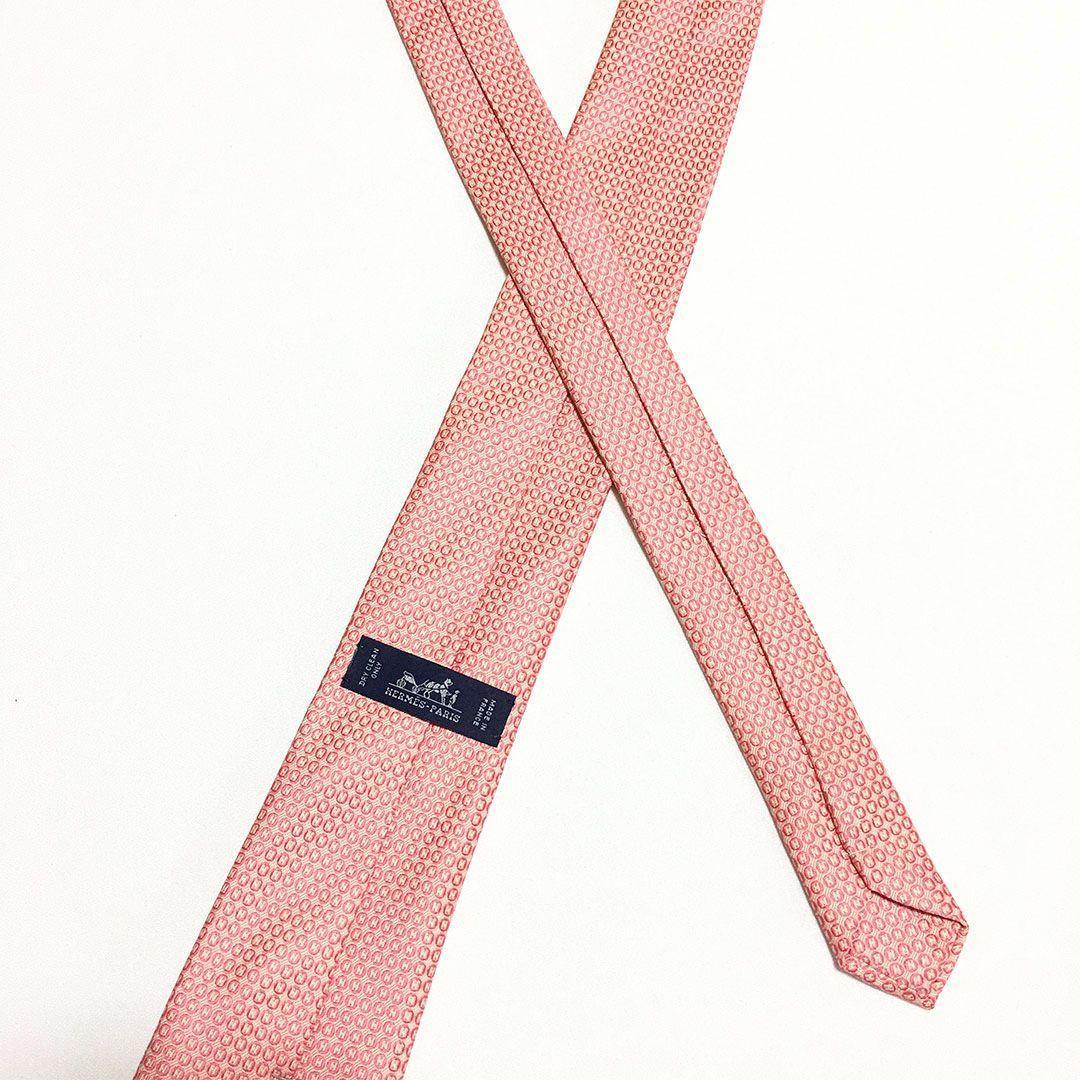 未使用級 H柄 エルメス HERMES ネクタイ シルク サーモンピンク ドット