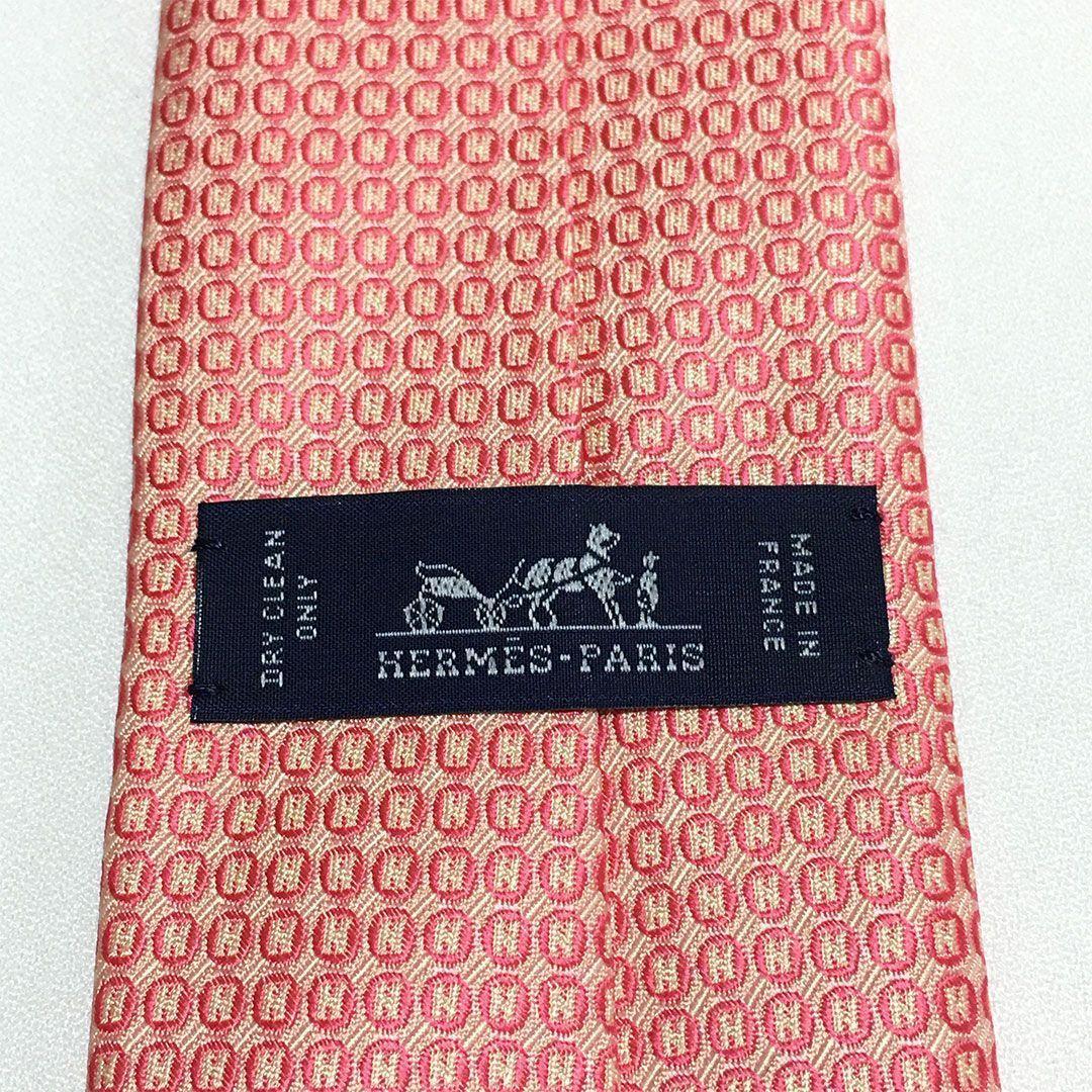 未使用級 H柄 エルメス HERMES ネクタイ シルク サーモンピンク ドット