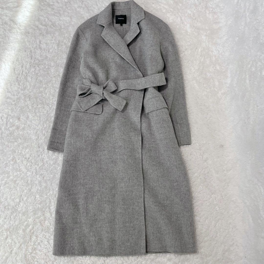 セオリー　ダブルフェイス　ベルテッドコート　カシミヤ混　ブルー　P