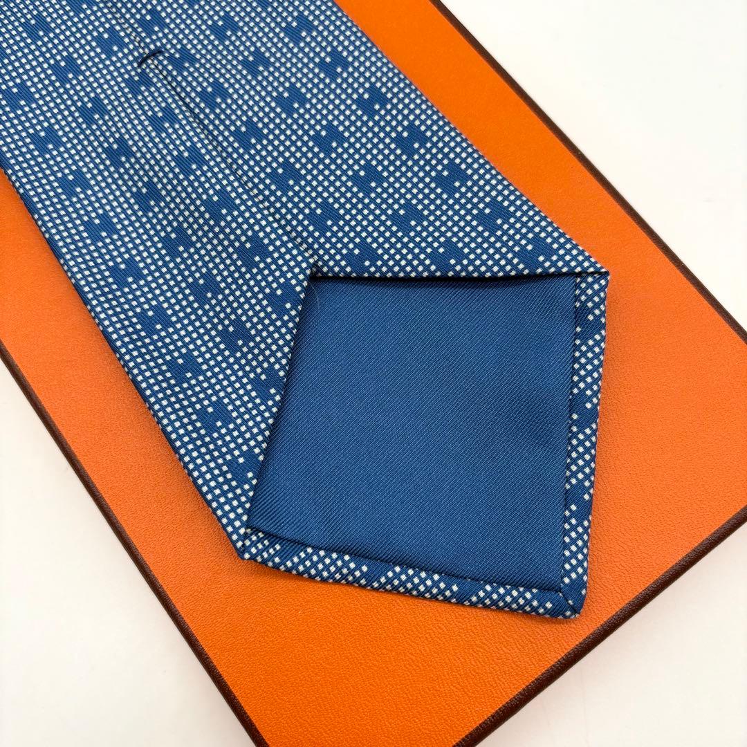 【未使用保管品 タグ付き】エルメス ファソネ ネクタイ H総柄 ハンカチ付 青