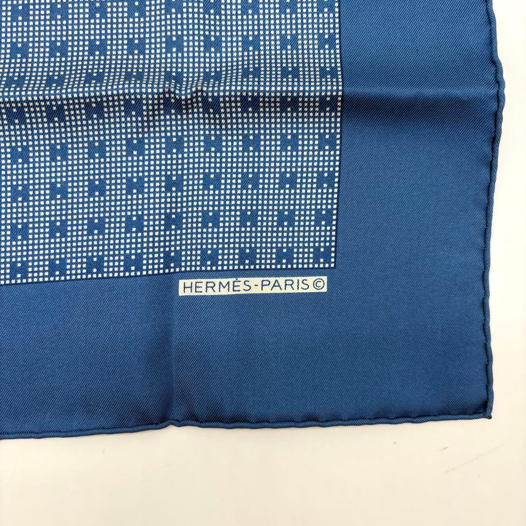 【未使用保管品 タグ付き】エルメス ファソネ ネクタイ H総柄 ハンカチ付 青