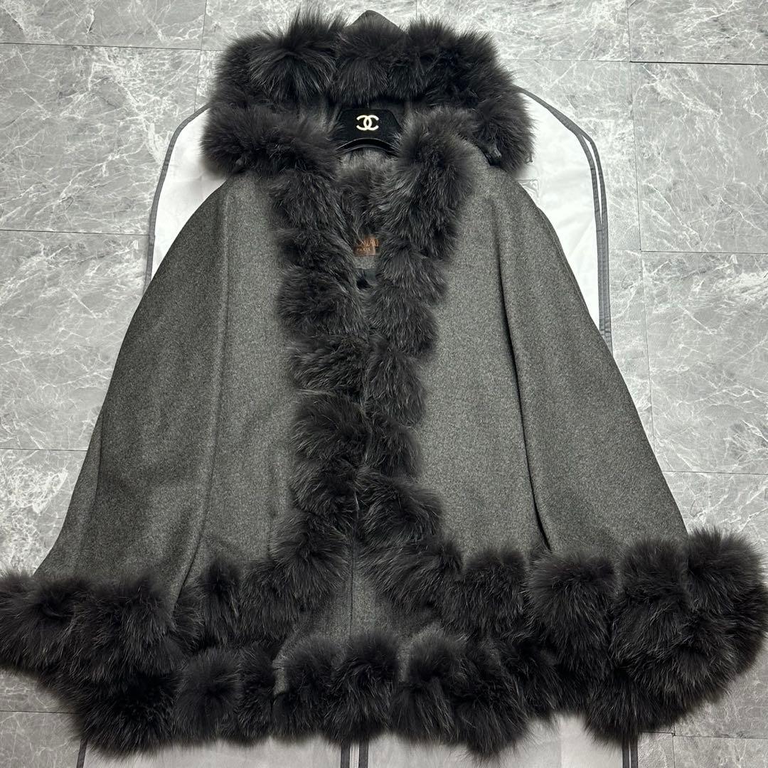 極美品♡カシミヤ　バルマン　3wayケープポンチョ　フォックスファー　グレー